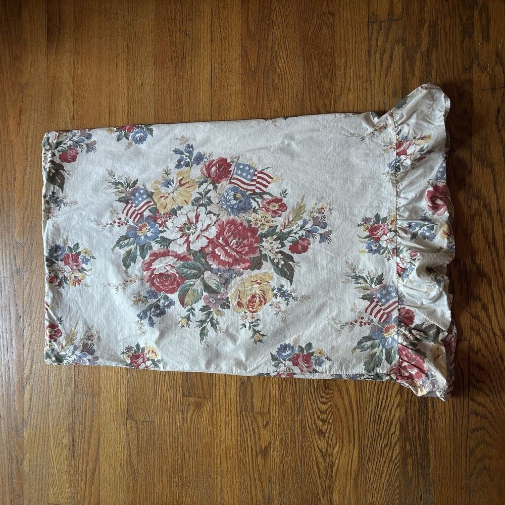 VTG Ralph Lauren Dylan's Grove Floral American Flag Standard Pillowcase Ruffled